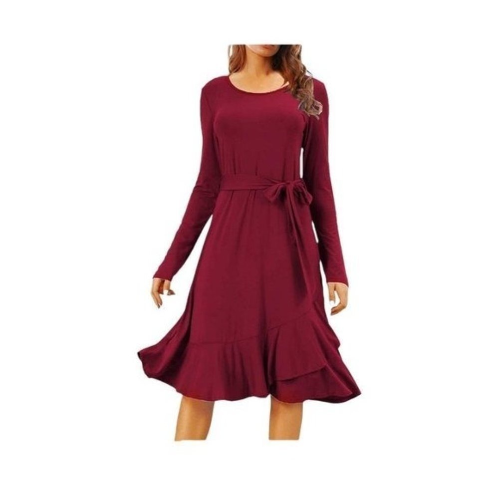 Women's Blue Long Sleeve Tie Waist Ruffle Hem Casual Midi Dress - Picture 13 of 15